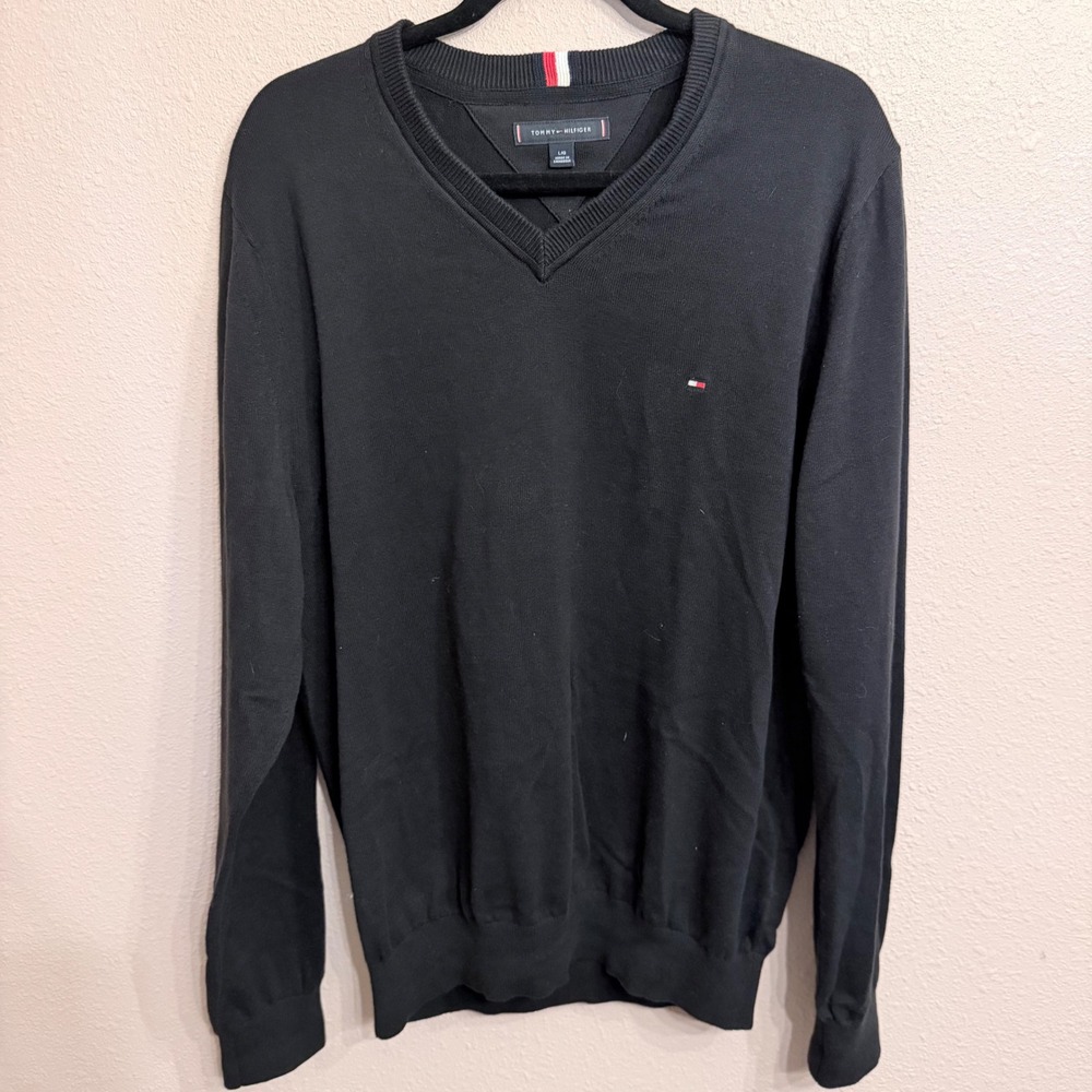 Tommy Hilfiger Mens Black Cotton V-Neck Sweater Size Large S209-0001